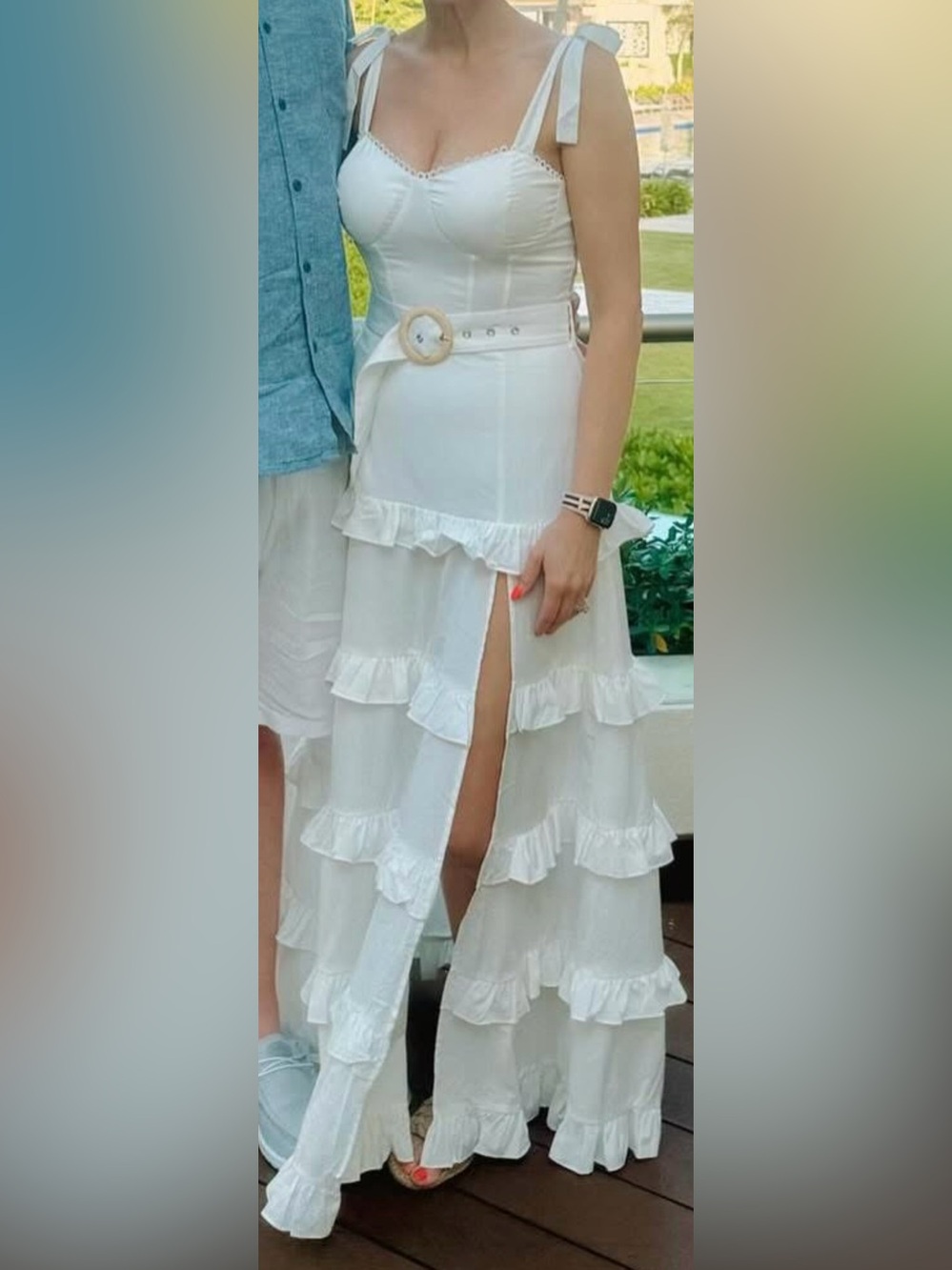Main Strip White Ruffle Belted Maxi Dress with Structured Bodice